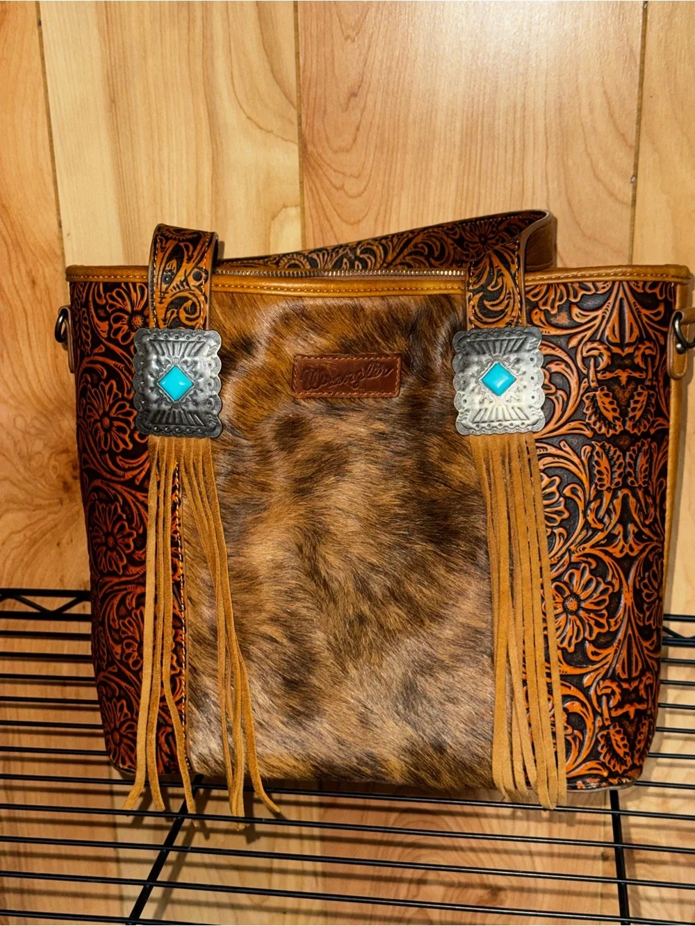 Wrangler Brown Tooled Leather and Fur Fringe Tote with Turquoise Conchos